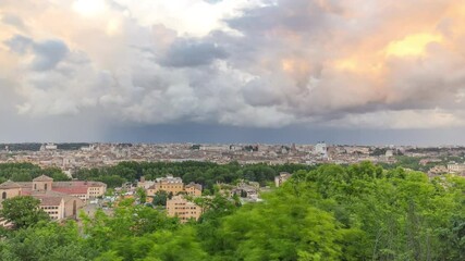 Wall Mural - Panoramic aerial view of historic center timelapse of Rome, Italy. Cityscape with heavy dramatic clouds and rain