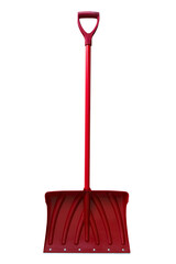 Red snow shovel with plastic handle and plastic blade with stiffeners and metal tip isolated on white background