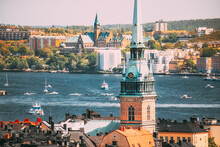 Stockholm, Sweden. Scenic View Of Skyline At Summer Day. Elevated View Of German St Gertrude's Church. Famous Popular Destination