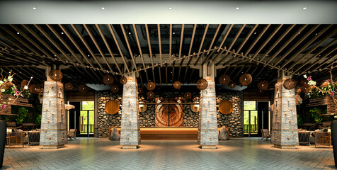 3d render of Asian Style Wooden and Stone Design Hotel Interior