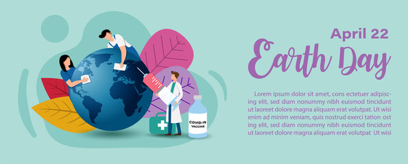 Wall Mural - poster campaign's concept of earth day with covid19 vaccine in flat style and banner vector design.
