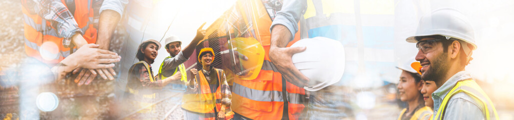 double exposure of team railway engineer is on duty in work site with abstract bokeh backgrounds, us