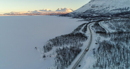 Wall Mural - Truck Lapporten mountains and lake Tornetrask winter 01