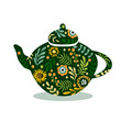 vector hand drawn illustration - teapot with floral ornament in green tones. herbal tea, tea drinking. trend illustration in flat style