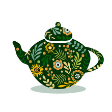 Vector Hand Drawn Illustration - Teapot With Floral Ornament In Green Tones. Herbal Tea, Tea Drinking. Trend Illustration In Flat Style
