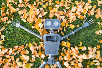 Wall Mural - Happy humanoid robot lies on the autumn grass.