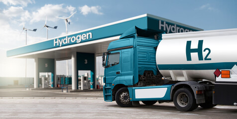 truck with hydrogen fuel tank trailer on a background of h2 filling station. concept