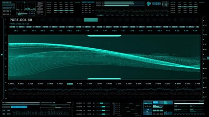 Aufkleber - HUD Futuristic Green Fluid Plane Sine Wave Data Flow 4K Motion. Abstract Digital Wireframe UI Scanning Control Panel.