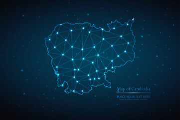 abstract map of cambodia geometric mesh polygonal network line, structure and point scales on dark b