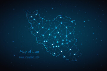 Abstract map of Iran geometric mesh polygonal network line, structure and point scales on dark background. Vector illustration eps 10