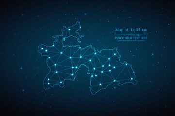 abstract map of tajikistan geometric mesh polygonal network line, structure and point scales on dark