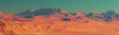Mars landscape, 3d render of imaginary mars planet terrain, orange desert with dust and mountains, realistic science fiction illustration.