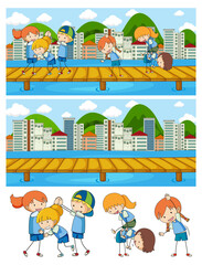 Poster - Set of different horizontal scenes background with doodle kids cartoon character