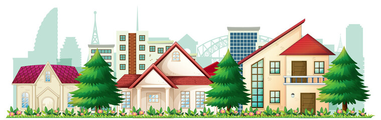 Wall Mural - Front of suburban houses on white background