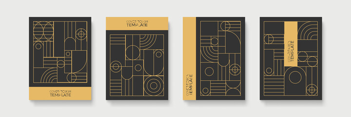 Geometric Art Deco geometric pattern with label, gold on black background. Golden, vintage, retro, autumn, winter, frame sign. Decorative abstract design, east motif, elegant line luxury foil lines.