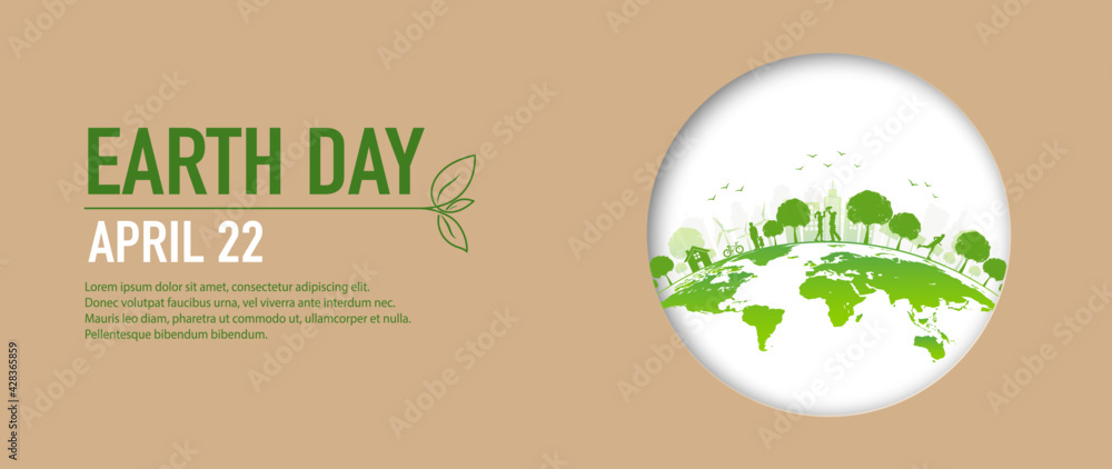 Earth Day banner of brown paper cut style and green city, Vector ...