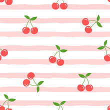 Seamless Pattern With Cherries Fruit On Stripe Pink Background Vector Illustration.