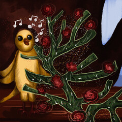 Wall Mural - Cute bird illustration.Sweet, yellow bird watching an unusual plant, which publishes an interesting spirit of fragrance.