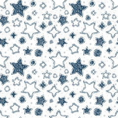Stars seamless background. Hand drawn different stars, circles and dots endless texture. Abstract background with outline drawing stars and planets symbols. Part of set.