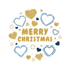 Merry Christmas! Hand drawn different hearts, circles and dots illustration. Abstract background with outline drawing hearts. Part of set.