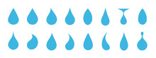Water Drop Blue Icon Shape. A Set Of Drops For The Design. Element Of Nature. Natural Clean Water From Lakes. A Drop In The Sea And In The Ocean.