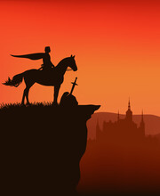King Arthur, Legendary Excalibur Sword In Stone And Castle Silhouette In The Background - Fairy Tale Sunset Scene Vector Illustration