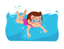 Cute Little Kid Girl Swim Under Water On Summer Holiday