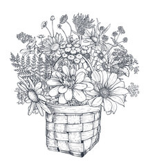 Vector floral composition with black and white hand drawn herbs and wildflowers