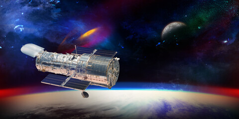 Wall Mural - Hubble telescope with stars and galaxies in outer space showing the beauty of space exploration