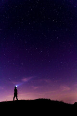 Canvas Print - Vertical silhouette of a person watching a purple starry night sky