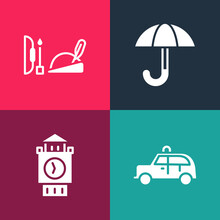 Set Pop Art Taxi Car, Big Ben Tower, Umbrella And Robin Hood Hat Icon. Vector