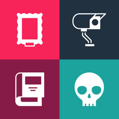 Poster - Set pop art Human skull, History book, Security camera and Picture icon. Vector