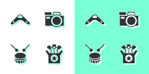 Canvas Print - Set Jack in the box toy, Boomerang, Drum with drum sticks and Photo camera icon. Vector