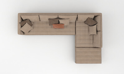 Wall Mural - Top view of a 3D rendered modern corner sofa of light brown color on a white background