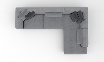 Sticker - Top view of a 3D rendered modern corner sofa of gray color on a white background