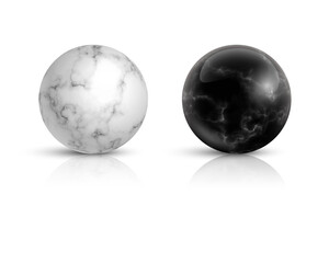 Black and white marble balls set. 3d realistic spheres in stone pattern with lines and shades vector illustration. Geometric abstract realistic objects for house decoration