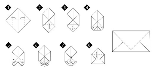 Aufkleber - How to make a origami envelope vector illustration. Monochrome black line step by step DIY instruction.