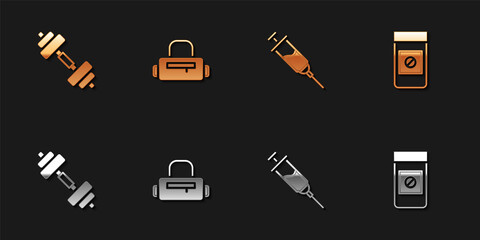 Canvas Print - Set Dumbbell, Sport bag, Doping syringe and Anabolic drugs icon. Vector