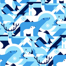 Animals In Arctical, Polar - Abstract Vector Pattern, Seamless With Polar Bear, Arctic Fox, Bird, Penguin, Fish, Reindeer, Seal. Perfect For Fabric, Textile, Wallpaper.