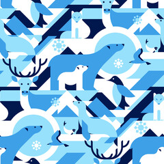 animals in arctical, polar - abstract vector pattern, seamless with polar bear, arctic fox, bird, pe