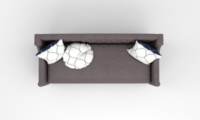 Canvas Print - 3D rendering of a modern gray sofa with blue pillows on wooden legs isolated on a white background