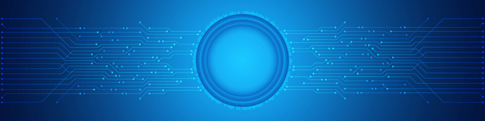 Poster - Abstract Technology Background, digital circle, blue circuit board pattern, microchip, power line