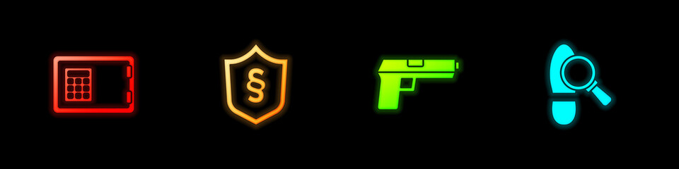 Wall Mural - Set Safe, Justice law in shield, Pistol or gun and Footsteps icon. Vector