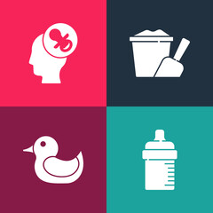 Poster - Set pop art Baby bottle, Rubber duck, Sand in bucket with shovel and dummy pacifier icon. Vector