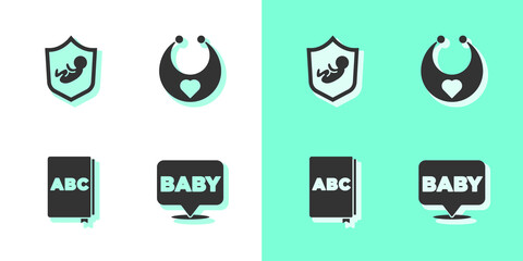 Sticker - Set Baby, on shield, ABC book and bib icon. Vector