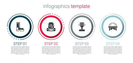 Sticker - Set Waterproof rubber boot, Hiking backpack, Award cup and Hockey helmet. Business infographic template. Vector