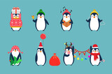 Fototapeta Pokój dzieciecy - Christmas penguin characters. Penguins cartoon vector illustration. 