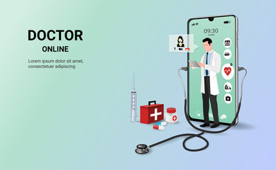 Wall Mural - Doctor online on smartphone app with male doctor standing. Online medical clinic, online medical consultation. Online healthcare and medical consultation. Digital health concept. 3D vector