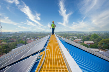 Young electrical engineer Work in a photovoltaic power plant Checking solar panel quality And control the electricity in the building by a photovoltaic system technician