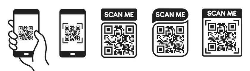 qr code scan icon with smartphone, scan me barcode sign, vector illustration.